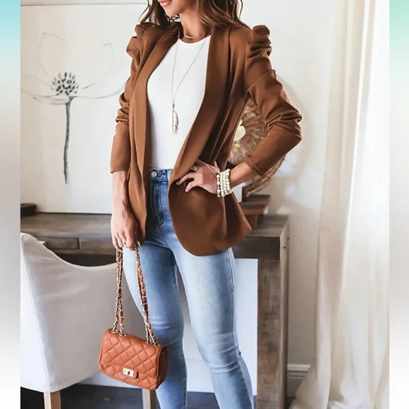 Women's lightweight Puff Sleeve Blazer Jacket with Pockets - Picture 4 of 5